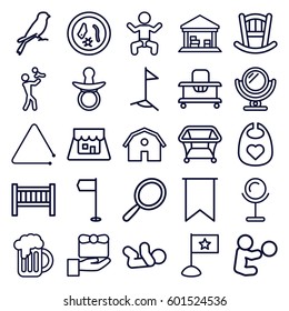 small icons set. Set of 25 small outline icons such as baby, sparrow, barn, pacifier, baby bed, playpen, mirror, cargo barn, triangle musical instrument, beer mug, shop, flag