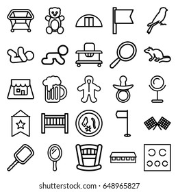 Small icons set. set of 25 small outline icons such as mouse, sparrow, barn, pacifier, baby bed, teddy bear, baby walker, playpen, mirror, cargo barn, eye test, beer mug, shop