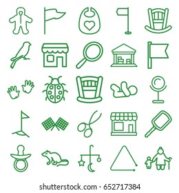Small icons set. set of 25 small outline icons such as store, mouse, sparrow, pacifier, baby bed, bed mobile, baby bid, mirror, manicure scissors, ladybug, cargo barn