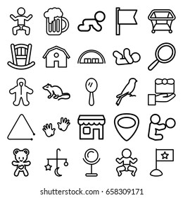 Small icons set. set of 25 small outline icons such as baby, mouse, sparrow, barn, baby bed, bed mobile, playpen, mirror, bear teddy, guitar mediator