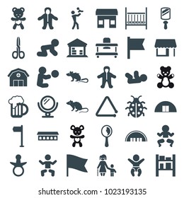 Small icons. set of 36 editable filled small icons such as baby, mouse, barn, pacifier, baby crawl, mirror, store, newborn child, flag, ladybug, cargo barn, bear teddy