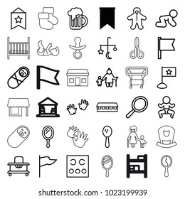 Small icons. set of 36 editable outline small icons such as flag, barn, bed mobile, baby walker, baby, mirror, newborn child, old woman and child, eye test, beer mug, store