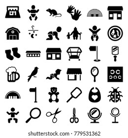 Small icons. set of 36 editable filled small icons such as baby, mouse, barn, baby socks, teddy bear, playpen, mirror, manicure scissors, store, old woman and child, flag