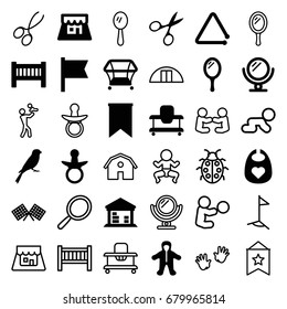 Small icons set. set of 36 small filled and outline icons such as sparrow, pacifier, baby bed, playpen, mirror, manicure scissors, cargo barn, triangle musical instrument