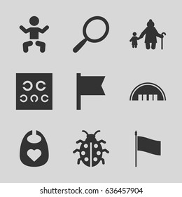 Small icons set. set of 9 small filled icons such as baby, barn, baby bid, mirror, ladybug, eye test, flag