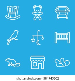 small icons set. Set of 9 small outline icons such as mouse, sparrow, baby bed, bed mobile, playpen, baby, bear teddy