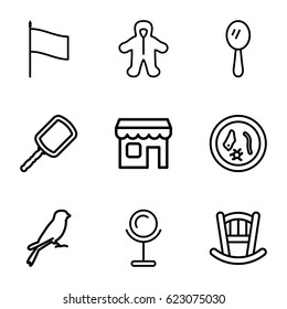 Small icons set. set of 9 small outline icons such as sparrow, baby bed, baby, mirror, shop, flag