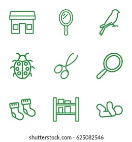 Small icons set. set of 9 small outline icons such as sparrow, baby socks, baby, mirror, manicure scissors, ladybug, cargo barn