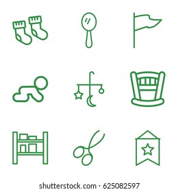 Small icons set. set of 9 small outline icons such as baby socks, bed mobile, mirror, manicure scissors, cargo barn, flag, baby bed