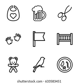 Small icons set. set of 9 small outline icons such as sparrow, baby bed, baby bid, baby hands, manicure scissors, bear teddy, beer mug, microorganism