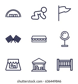 Small icons set. set of 9 small outline icons such as barn, baby bed, baby crawl, mirror, cargo barn, shop, finish flag