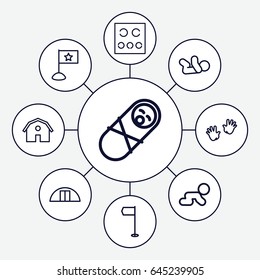 Small icons set. set of 9 small outline icons such as barn, baby, baby hands, cargo barn, eye test, flag, newborn child