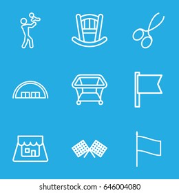 Small icons set. set of 9 small outline icons such as barn, baby bed, playpen, manicure scissors, shop, flag, finish flag