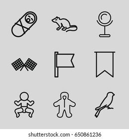 Small icons set. set of 9 small outline icons such as mouse, sparrow, baby, mirror, flag, finish flag