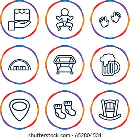 Small icons set. set of 9 small outline icons such as barn, baby bed, baby socks, playpen, baby hands, guitar mediator, beer mug, gift