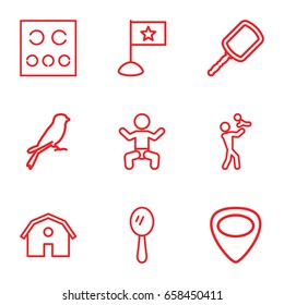 Small icons set. set of 9 small outline icons such as baby, sparrow, barn, mirror, eye test, guitar mediator, flag