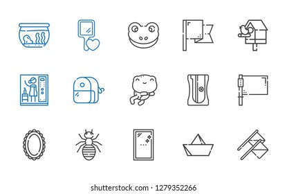 small icons set. Collection of small with flags, paper boat, mirror, ant, flag, sharpener, frog, steam, birdhouse, hand mirror, fishbowl. Editable and scalable small icons.