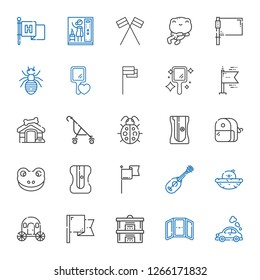 small icons set. Collection of small with vehicle, mirror, steam, flag, carriage, chick, ukelele, sharpener, frog, ladybug, stroller, dog house. Editable and scalable small icons.