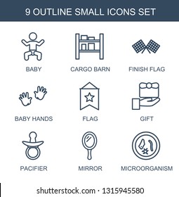 small icons. Trendy 9 small icons. Contain icons such as baby, cargo barn, finish flag, baby hands, flag, gift, pacifier, mirror, microorganism. small icon for web and mobile.