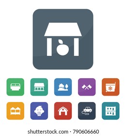 Small icons. vector collection filled small icons such as storage, hangar, flags, house, modular house, baby, car toy, store, store window, shop