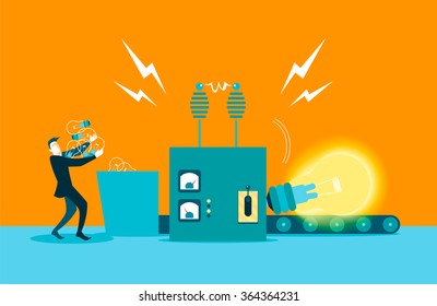 From small ideas big sum. Factory on manufacture of of ideas. Vector illustration