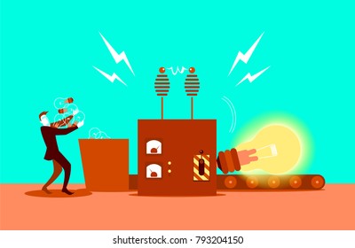 From small ideas big sum. Factory on manufacture of of ideas. Vector illustration