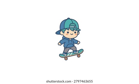 A small illustrated boy wearing a blue hoodie and a baseball cap while skateboarding on a simple board