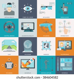 Small image like icons set of different virtual augmented reality gadgets flat vector illustration