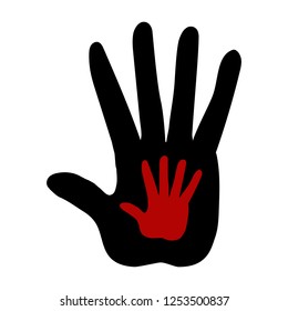 Small imprint of a children`s palm on a large palm print vector illustration
