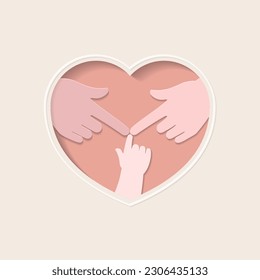 Small index finger of baby touching big index fingers of parents in pink heart shaped frame paper cutting art