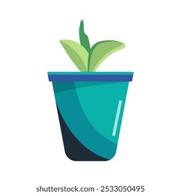 Una Pequeña planta de interior está en un contenedor azul. Un Pequeño brote verde en una olla sobre un fondo blanco. Ilustración vectorial plana.
