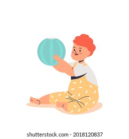 Small infant kid playing with ball. Growing child boy baby isolated on white background. Toddler stage of aging concept. Cartoon flat vector illustration