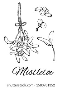 Small Ink Mistletoe Hand drawn set. Branch with rope, leaves and berries. Vintage Vector illustration isolated on white background.Perfect for Christmas greeting card, poster, template, invitations