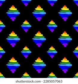 Small ink striped rainbow rhombuses isolated on black background. Cute geometric seamless pattern. Vector simple flat graphic hand drawn illustration. Texture.