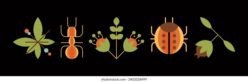 Small Insect Crawling Animal and Leaf Vector Set