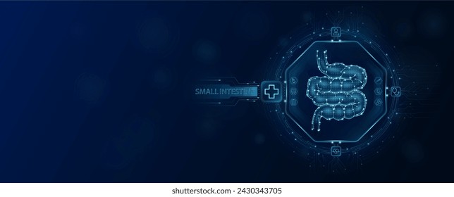 Small intestine chip in electronic circuit board microchip processor technology medical. Innovative health care information processing of digital hi tech future. Empty space for text. Banner vector.
