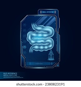 Dünndarm in Display-Karte HUD Schnittstelle medizinische. Hologramm des menschlichen Organs mit Ultraschalldiagnose mit innovativer AI-Technologie medizinische Versorgung. Virtual Touch UI-Bildschirmrahmen. Vektorgrafik.