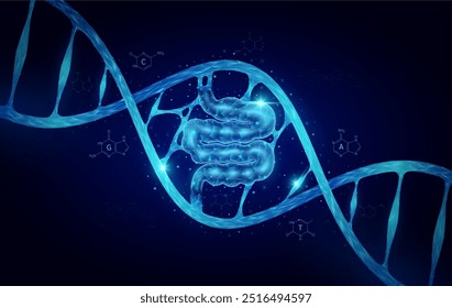 Small intestine DNA gene cell double helix blue. Genetic synthetic biology combined. Anatomy organ glowing polygonal. Code analysis thymine, adenine, guanine, cytosine. Medical science vector.