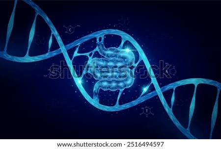 Small intestine DNA gene cell double helix blue. Genetic synthetic biology combined. Anatomy organ glowing polygonal. Code analysis thymine, adenine, guanine, cytosine. Medical science vector.