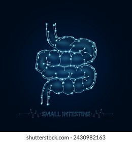 Small intestine in electronic form glowing between information connecting lines. Medical science of technology digital hi tech. Futuristic digital circuit board innovative health care. Vector EPS10.