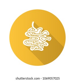 Small intestine flat design long shadow glyph icon. Small bowel. Gastrointestinal tract. Vector silhouette illustration