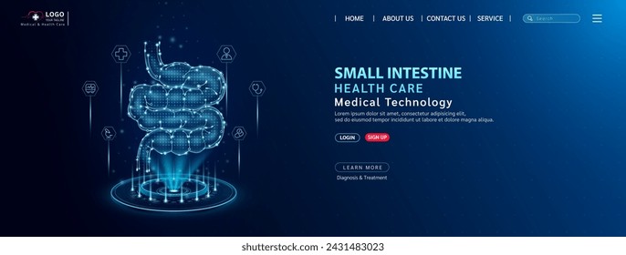 Cuidado de salud del intestino delgado. Diagnosticar la enfermedad con tecnología de inteligencia artificial. Diseño de plantilla de sitio web médico. Banner para anuncios médicos en las redes sociales. Negocio de medicina. Vector.