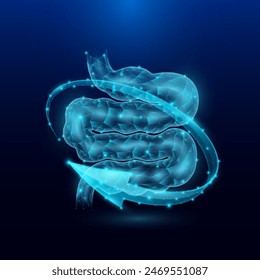 Small intestine human organ anatomy in form style polygon low poly surrounded by arrows glowing on dark blue background. Used for design medical science advertisements. Vector EPS10 illustration.