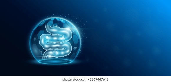 Small intestine human organ inside dome shield protection futuristic and medical icon transparent. Technology innovation health care. Medical science ads website banner with empty space for text.