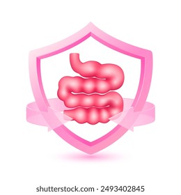 Small intestine human in shield surrounded by pink arrow. Protection symbol health care. Medical science concept. Organ model cartoon style 3d isolated on white background. Vector EPS 10.