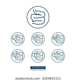 Small intestine icon simple flat outline style for health care ads or website. Icons isolated on white background. Medical human organ with exclamation check question mark, cross and thunder. Vector.