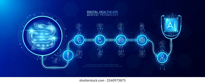 Small intestine organ human and AI chip medical in stethoscope with icon cross, syringe, hospital, doctor. Technology digital health care check up modern. Dark blue background banner vector.