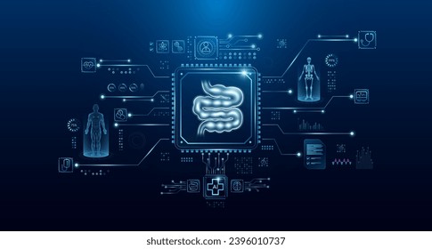 Kleines Darmorgan menschlich in Mikrochip-Prozessor-Schalttafel. Hologramm der HUD-Schnittstelle. Innovative Gesundheitsanalyse der AI-Technologie digitaler High-Tech. Moderne Behandlung Zukunft Medizin. Vektorgrafik.