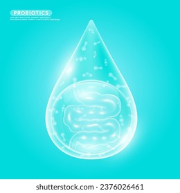 Small intestine and probiotics green in water drop. Good bacterial flora for stomach and intestine for designing dietary supplements healthy nutrition health care. Biology lactobacillus. Vector EPS10.