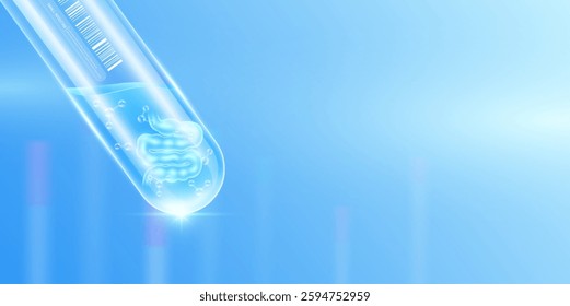 Small intestine transparent and molecule in glass test tube with empty space for text. Human internal organ anatomy sample science research experiment. Medical scientific concept. Banner vector.